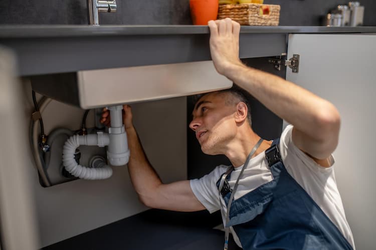 Plumber repair experienced attentive middleaged man examining bottom of kitchen sink